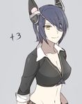  alternate_costume breasts cleavage eyepatch groin headgear kantai_collection looking_at_viewer medium_breasts midriff navel purple_hair short_hair smile solo tenryuu_(kantai_collection) toruglose yellow_eyes 