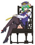  black_legwear blue_eyes chair crossed_legs green_hair hat high_heels jonylaser legs long_sleeves looking_at_viewer ribbon-trimmed_skirt ribbon_trim rod_of_remorse shiki_eiki short_hair simple_background sitting sketch skirt solo thighhighs touhou white_background 