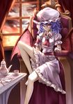  ascot bad_id bad_pixiv_id barefoot blue_hair brooch chair cup dress fang hat hat_ribbon highres indoors jewelry kamisa leg_up mob_cap pink_dress pink_eyes plate puffy_short_sleeves puffy_sleeves remilia_scarlet ribbon short_sleeves solo table teacup teapot touhou window wrist_cuffs 