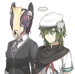  anger_vein animal animal_on_head cat cat_on_head checkered checkered_neckwear eyepatch green_eyes green_hair hat headgear kantai_collection kiso_(kantai_collection) lowres multiple_girls necktie on_head purple_hair remodel_(kantai_collection) short_hair tenryuu_(kantai_collection) toruglose 