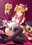  ;d animal_ears beatmania beatmania_iidx black_legwear blonde_hair breasts cat_ears cat_tail cleavage hair_ornament hairband haribote_(tarao) large_breasts long_hair looking_at_viewer maid maid_headdress one_eye_closed open_mouth pink_hair sitting skirt skirt_lift smile solo stuffed_animal stuffed_cat stuffed_toy tail the_knee_socks_princess_of_glass 