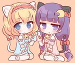  alice_margatroid animal_ears arm_warmers bell blonde_hair blue_eyes blush bow capelet cat_ears cat_tail chestnut_mouth chibi collar crescent crescent_hair_ornament frills hair_bow hair_ornament hairband jingle_bell jitome kemonomimi_mode long_hair looking_at_viewer marshmallow_mille multiple_girls orange_background patchouli_knowledge pink_bow purple_bow purple_eyes purple_hair red_bow sash short_hair simple_background sitting tail tail_bow tareme touhou yokozuwari 