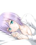  bed blue_eyes blush breasts cardfight!!_vanguard cleavage collarbone lavender_hair looking_at_viewer medium_breasts open_clothes short_hair simple_background smile solo tokura_misaki white_background wolkenritter_vita1 
