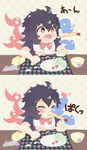  2koma asymmetrical_wings bib black_hair bow chibi comic dress eating food food_in_mouth food_on_face fork heart highres houjuu_nue igakusei open_mouth red_eyes short_hair silent_comic solo spill spoon tempura touhou ufo vegetable wings younger 