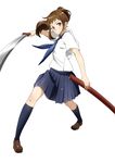  blush brown_eyes brown_hair character_request conone copyright_request determined fighting_stance full_body highres holding holding_sword holding_weapon katana loafers long_hair looking_at_viewer pose scabbard school_uniform serafuku sheath shirt shoes simple_background skirt socks solo standing sword unsheathed weapon white_background 