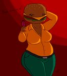  alcohol beverage burger chubby cleavage clothed clothing english_text female food looking_at_viewer personification solo text timoteihiv 