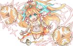  :d aa2233a animal aqua_eyes blonde_hair boots breasts cleavage dress elbow_gloves fingerless_gloves fur_trim gloves headdress horns knees_together_feet_apart knees_touching lemur long_hair medium_breasts open_mouth pom_pom_(clothes) puzzle_&amp;_dragons sakuya_(p&amp;d) signature simple_background smile solo sparkle spike_ball spikes tail very_long_hair white_background white_dress white_footwear white_gloves 