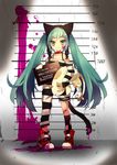  &gt;:) animal_ears bandaid bandaid_on_knee carrying cat_ears cat_tail character_name collar collarbone fake_animal_ears full_body green_eyes green_hair hatsune_miku highres kemonomimi_mode kneehighs long_hair looking_at_viewer musou_yuchi pigeon-toed shirt shoes single_kneehigh sleeves_past_wrists smile solo standing striped striped_shirt stuffed_animal stuffed_cat stuffed_toy tail torn_clothes torn_legwear twintails v-shaped_eyebrows vocaloid 