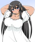  arms_behind_head black_hair blue_eyes breasts captain_earth collarbone curvy dark_skin dress gown large_breasts long_hair mutou_hana plump smile solo tan una_(13988ss) very_long_hair white_dress 