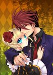  1girl beatrice black_battler blonde_hair blue_eyes choker flower hair_bun hair_flower hair_ornament hand_on_another's_chest md5_mismatch necktie red_eyes red_hair smile sousui_hani umineko_no_naku_koro_ni ushiromiya_battler wide_sleeves 