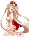  ass braid breasts brown_hair china_dress chinese_clothes dress earrings flower flower_earrings hat jewelry large_breasts long_hair no_panties peony_(flower) red_eyes sengoku_collection sitting smile solo takanashi takeda_shingen_(sengoku_collection) twin_braids very_long_hair 