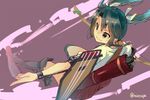  &gt;:) black_eyes black_hair bow_(weapon) chig flight_deck from_above hair_ribbon holding kantai_collection ribbon smile solo twintails v-shaped_eyebrows weapon wind zuikaku_(kantai_collection) 
