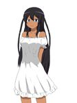  arms_behind_back bare_shoulders black_hair blue_eyes captain_earth collarbone dark_skin dress gown long_hair looking_at_viewer mutou_hana poyoshii smile solo tan white_background white_dress 