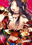  77_degrees ame_no_uzume_(p&amp;d) bare_shoulders black_hair breasts fan folding_fan hair_censor headdress japanese_clothes jewelry kimono long_hair looking_at_viewer magatama medium_breasts necklace no_bra off_shoulder open_clothes open_kimono open_mouth puzzle_&amp;_dragons smile solo yellow_eyes 