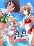  akiyama_yukari bikini black_eyes black_hair braid brown_eyes brown_hair doutanuki girls_und_panzer highres innertube isuzu_hana long_hair multiple_girls nishizumi_miho orange_hair reizei_mako sailor_collar short_hair shorts swimsuit takebe_saori twin_braids 