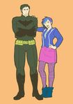  1boy 1girl asymmetrical_hair batman batman_(series) bruce_wayne dc_comics harper_row patterned_legwear purple_hair side_shave standing 