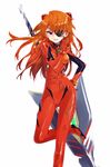  :d bangs blue_eyes bodysuit bracer breasts chiba_sadoru evangelion:_3.0_you_can_(not)_redo eyepatch floating_hair gloves hair_between_eyes hand_on_hip hand_up headgear leg_lift long_hair looking_at_viewer neon_genesis_evangelion number open_mouth orange_hair pilot_suit planted_weapon plugsuit polearm rebuild_of_evangelion simple_background skinny small_breasts smile solo souryuu_asuka_langley spear spear_of_cassius standing standing_on_one_leg strap_pull tape turtleneck weapon white_background 