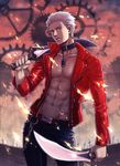  abs archer cowboy_shot dark_skin dark_skinned_male dual_wielding egmer fate/extra fate/extra_ccc fate_(series) gears highres holding holding_sword holding_weapon jacket kanshou_&amp;_bakuya male_focus red_jacket solo sword unlimited_blade_works weapon white_hair 
