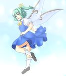  :d ascot blouse bobby_socks collared_shirt daiyousei dress fairy_wings flying green_eyes green_hair hair_intakes isaki_(gomi) legs open_mouth pointy_ears puffy_short_sleeves puffy_sleeves shirt short_sleeves side_ponytail skirt skirt_lift smile socks solo touhou wings 