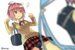  ahoge alternate_costume bag blurry chig depth_of_field hair_ornament i-168_(kantai_collection) i-58_(kantai_collection) kantai_collection multiple_girls out_of_frame pink_eyes pink_hair plaid plaid_skirt pleated_skirt school_bag school_swimsuit school_uniform short_hair skirt swimsuit swimsuit_under_clothes 