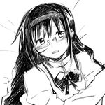  akemi_homura bad_id bad_pixiv_id black_hair bow braid glasses greyscale hairband long_hair looking_at_viewer lying mahou_shoujo_madoka_magica monochrome mozaiku_dotto on_back school_uniform semi-rimless_eyewear simple_background solo twin_braids under-rim_eyewear white_background 