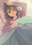  aqua_hair bed blanket from_above inazuma_eleven_(series) inazuma_eleven_go kariya_masaki looking_at_viewer lying male_focus md5_mismatch parted_lips pillow riho solo under_covers yellow_eyes 