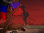  2013 accelo aleone anthro blue_eyes canine cigarette cigarette_holder communist donetsk donetsk_peoples_republic female flag jackal mammal nipple_piercing nipples piercing politics sea separatist smog socialist soldier water 