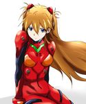  arm_support arms_at_sides bangs blue_eyes bodysuit bracer breasts breasts_apart brown_hair closed_mouth cowboy_shot expressionless floating_hair hair_between_eyes headgear legs_together long_hair looking_at_viewer medium_breasts neon_genesis_evangelion number pale_skin pilot_suit plugsuit rebuild_of_evangelion red_bodysuit shikinami_asuka_langley shiny shiny_hair simple_background sitting skin_tight solo souryuu_asuka_langley tsukikage_oyama turtleneck very_long_hair white_background 