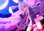  animal_ears bunny_ears cherry_blossoms collared_shirt dutch_angle glint glowing glowing_eyes highres jacket lavender_hair long_hair long_sleeves looking_at_viewer miniskirt moon necktie night night_sky open_clothes open_jacket open_mouth outdoors pussy_juice red_eyes red_neckwear reisen_udongein_inaba shirt skirt sky solo star star_(sky) starry_sky topii touhou white_shirt wooden_horse 