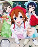  4girls absurdres apron blue_eyes brown_eyes brown_hair christmas food food_on_face fruit highres kousaka_honoka love_live! love_live!_school_idol_project minami_kotori multiple_girls murota_yuuhei nishikino_maki non-web_source official_art open_mouth pastry_bag smile sonoda_umi strawberry whisk 