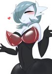  1girl alternate_color bare_shoulders blue_hair blush breasts dress elbow_gloves eyes_closed gardevoir gloves hair_over_one_eye large_breasts mega_gardevoir mega_pokemon no_human no_humans pokemon shiny_pokemon short_hair solo 