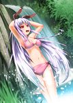  animal_ears armpits bikini breasts bunny_ears collarbone hand_on_own_head lavender_hair long_hair medium_breasts nature navel ochakan open_mouth red_eyes reisen_udongein_inaba solo swimsuit touhou very_long_hair water waterfall 