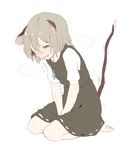  1girl akagashi_hagane animal_ears barefoot blush breath grey_hair jewelry mouse_ears mouse_tail nazrin necklace red_eyes shirt short_hair short_sleeves simple_background sitting skirt skirt_set slime solo sweat tail touhou trembling vest white_background 