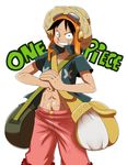  1boy bag copyright_name eric_lowery goggles hat male male_focus monkey_d_luffy one_piece one_piece:_strong_world open_clothes open_shirt shirt simple_background solo straw_hat 