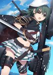  bad_id bad_pixiv_id cape eyepatch green_eyes green_hair hat hijiri_(resetter) kantai_collection kiso_(kantai_collection) looking_at_viewer midriff navel open_mouth remodel_(kantai_collection) saber_(weapon) school_uniform serafuku skirt solo striped striped_skirt sword weapon 