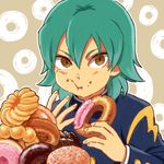  brown_eyes doughnut eating face food food_on_face french_cruller gakuran green_hair inazuma_eleven_(series) inazuma_eleven_go kariya_masaki long_hair lowres male_focus old-fashioned_doughnut pon_de_ring raimon raimon_school_uniform riho school_uniform solo strawberry_fashion upper_body 