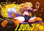  belt blonde_hair boots breasts cropped_jacket english fiery_hair fingerless_gloves foreshortening gauntlets gloves hijikawa_arashi large_breasts long_hair midriff navel open_mouth orange_legwear purple_eyes rwby shell_casing shorts solo thighhighs very_long_hair yang_xiao_long 