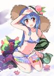  :d alternate_costume arm_up armpits bikini blue_bikini blue_hair blush bracelet breasts cleavage flip-flops food frilled_bikini frills fringe_trim fruit hat hinanawi_tenshi jewelry long_hair looking_at_viewer navel o-ring o-ring_bottom open_mouth partially_submerged peach puuakachan red_eyes sandals shading_eyes sitting sketch small_breasts smile solo straw_hat swimsuit touhou wariza watermelon 