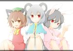  animal_ears bad_id bad_pixiv_id black_hair bow brown_eyes brown_hair bunny_ears capelet carrot_necklace cat_ears chen dress earrings ellipsis_(mitei) grey_hair grin hat inaba_tewi jewelry letterboxed looking_at_viewer mouse_ears multiple_girls nazrin pendant pink_dress pointing red_eyes short_hair smile touhou 
