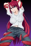  aozaki_aoko arms_up bared_teeth blue_eyes breasts denim hair_intakes highres imminent_rape jeans large_breasts long_hair pants prhs red_hair restrained shirt solo t-shirt tentacles tsukihime very_long_hair 