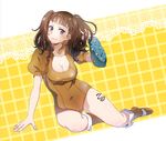  adjusting_hair animal_print arm_support bangs blush boots breasts brown_hair brown_leotard buckle cleavage closed_mouth conone covered_navel cross-laced_footwear diane_(nanatsu_no_taizai) elbow_gloves fingerless_gloves full_body gloves hand_in_hair hand_up happy harness head_tilt high_collar highres hips knee_boots kneeling lace lace_background large_breasts leaning leotard light_smile lipstick long_hair looking_at_viewer makeup nanatsu_no_taizai orange_background orange_footwear pink_lipstick puffy_short_sleeves puffy_sleeves purple_eyes short_sleeves single_elbow_glove sitting smile snake solo tattoo twintails yokozuwari 