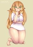  animal_ears blonde_hair breasts cleavage commentary cow_ears curvy fox_tail green_eyes green_panties highres iveo kneeling large_breasts long_hair original panties shirt solo tail thick_thighs thighs thinking underwear very_long_hair 
