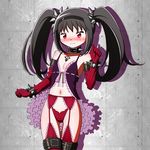  adapted_costume akemi_homura babydoll black_hair blush bracelet cadsensei choker collar cosplay cowboy_shot elbow_gloves frills garter_belt gloves hairband jewelry kaname_madoka kaname_madoka_(cosplay) long_hair looking_at_viewer mahou_shoujo_madoka_magica navel panties purple_eyes ribbon-trimmed_clothes ribbon_trim simple_background solo spiked_bracelet spiked_collar spikes standing thighhighs twintails underwear 