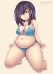 belly bikini black_hair breasts grey_eyes highres iveo kneeling large_breasts navel original plump smile solo swimsuit thick_thighs thighs 