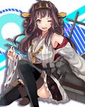  blue_eyes boots brown_hair kantai_collection kongou_(kantai_collection) long_hair minazuki_(0038) nontraditional_miko one_eye_closed skirt smile solo thigh_boots thighhighs 