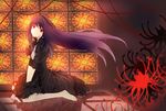  absurdres akemi_homura bad_id bad_pixiv_id barefoot black_hair dress flower funeral_dress hairband highres long_hair mahou_shoujo_madoka_magica mahou_shoujo_madoka_magica_movie red_eyes seiza sitting solo spider_lily spoilers 