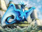  2018 claws day detailed_background digital_media_(artwork) dragon duo feral fish marine membranous_wings outside ravoilie scalie sky spines teeth water western_dragon wings 
