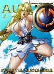  aqua_eyes blonde_hair braid breasts center_opening character_name cleavage cloud dress earrings feathers feet hair_feather hair_feathers hair_ornament jadenkaiba jewelry large_breasts leg_up legs long_hair milf open_mouth sandals shield sideboob sky solo sophitia_alexandra soul_calibur soul_calibur_iv sword thighs tongue weapon 