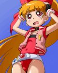  1girl akatsutsumi_momoko akazutsumi_momoko bare_legs belt bow collar fingerless_gloves gloves hyper_blossom isu jewelry long_hair lowres oekaki open_mouth orange_hair pixel_art powerpuff_girls powerpuff_girls_z red_eyes solo very_long_hair 