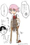  1girl admiral_(kantai_collection) amputee bad_id bad_twitter_id blue_eyes comic crutch kantai_collection michimaru_(michi) military military_uniform naval_uniform pink_hair pleated_skirt ponytail school_uniform serafuku shiranui_(kantai_collection) short_hair skirt translated twitter_username uniform vest white_background 